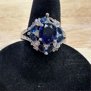 Women’s Blue simulated Sapphire & White Zircon Sterling Silver Ring 7.50,6.5‎